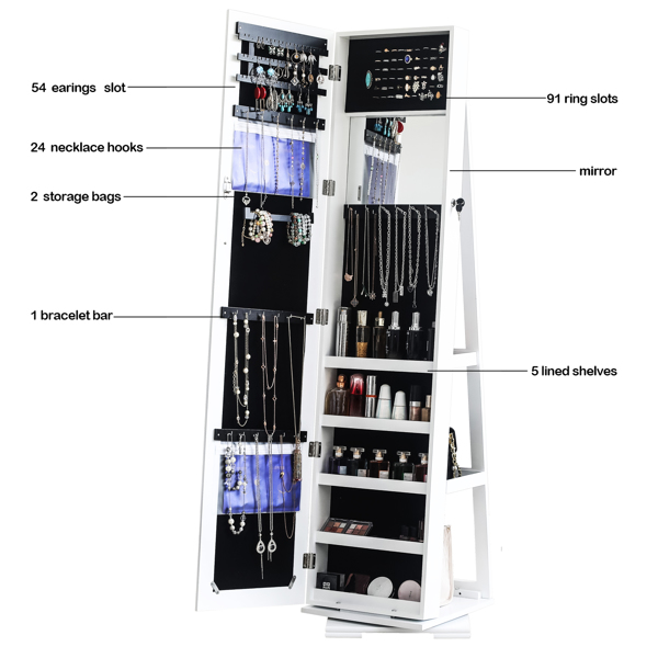 360 Degree Rotation Full-Body Mirror Cabinet PVC Film Moisture-Proof Dressing Mirror Cabinet Super Storage Jewelry Storage Mirror Cabinet White