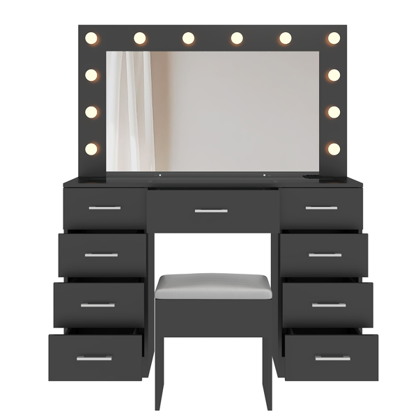 Vanity Desk Set with Large Lighted Mirror and Powre Outlet, Glass Top Makeup Vanity with 9 Drawers, Vanity Table with 12 LED Lights, 3 Lighting Color Adjustable, Black