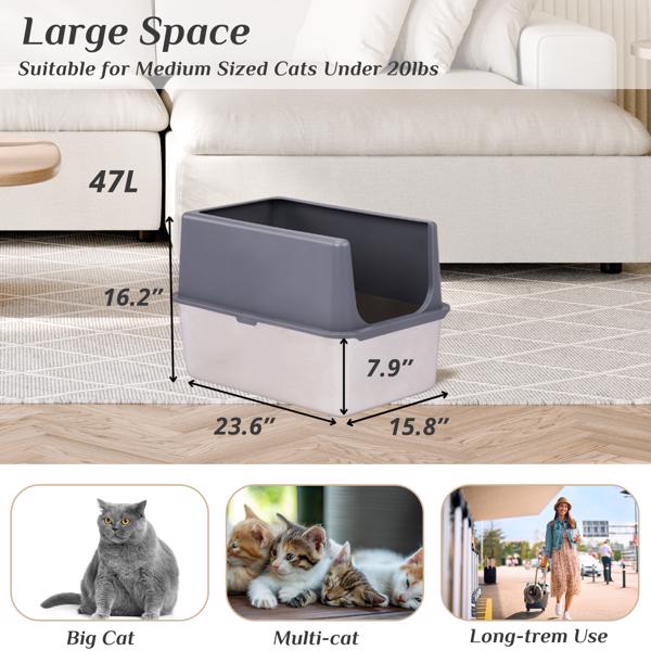 XXL Stainless Steel Cat Litter Box with Lid, Extra Large Litter Pan with High Sides, Easy Cleaning, Include Double Layer Litter Mat and Scoop, Gray