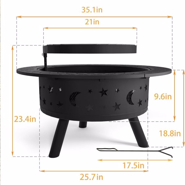 35 Inch Outdoor Wood Burning Fire Pits, Metal Round Bonfire Firepit with Grill Grate for Backyard, Patio