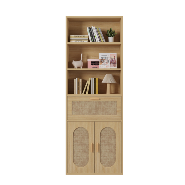 FCH 3-layer 1-drawer with double doors Triamcinol board rattan surface 60*23.5*180cm display cabinet original wood color