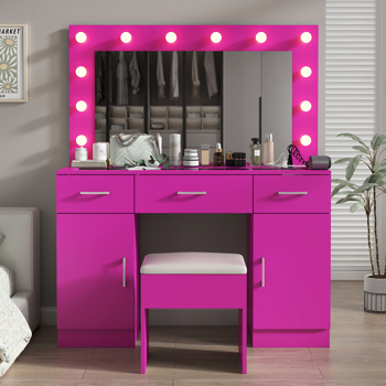 Vanity Desk Set with Large Lighted Mirror and Powre Outlet, Glass Top Makeup Vanity with 3 Drawers and 2 Cabinets, Vanity Table with 12 LED Lights, 3 Lighting Color Adjustable, Pink