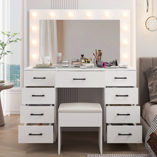 Vanity Desk Set with Large Lighted Mirror and Powre Outlet, Glass Top Makeup Vanity with 9 Drawers, Vanity Table with 12 LED Lights, 3 Lighting Color Adjustable, White