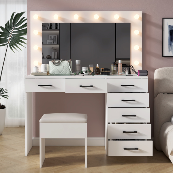 Vanity Desk Set with Large Lighted Mirror and Powre Outlet, Glass Top Makeup Vanity with 7 Drawers, Vanity Table with 12 LED Lights, 3 Lighting Color Adjustable, White