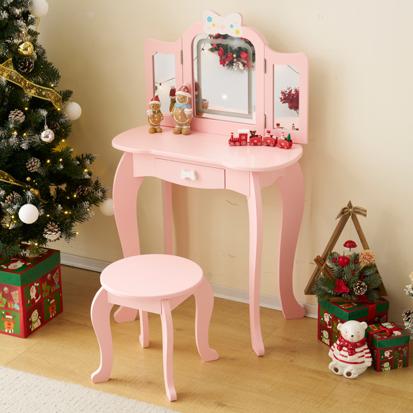 Kids Vanity Table and Chair Set, 2-in-1 Girls Vanity with Tri-Folding Mirror & 3-Color LED Lights, 1 Drawer, Pretend Play Makeup Dressing Princess Table for Toddlers, Pink