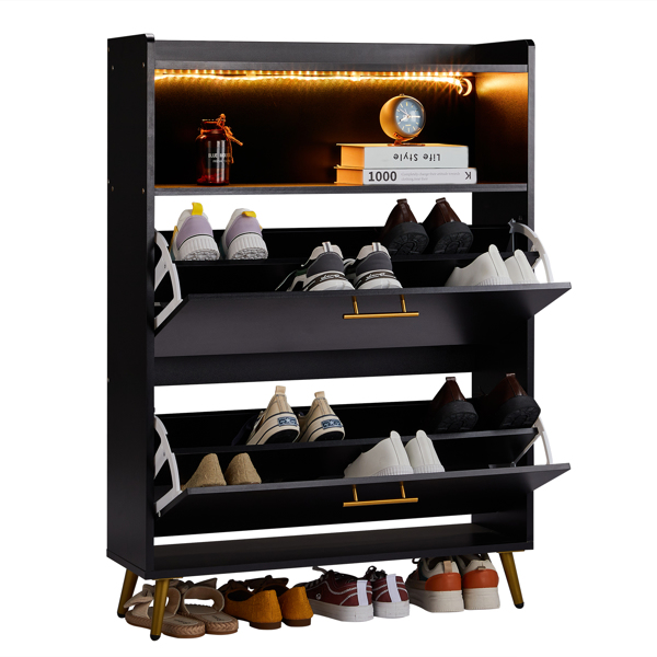 FCH Double Door 6-Layer Shoe Cabinet with High Foot LED Lights Particle Board 80*38*90cm Black