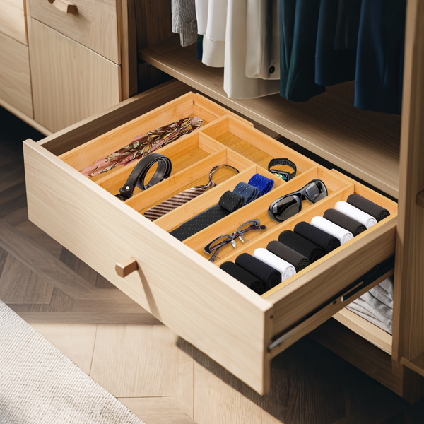 Expandable Bamboo Kitchen Drawer Organizer – Adjustable Cutlery Tray for Utensils, Silverware, and Flatware – 5 to 7 Slots Bamboo Drawer Divider for Kitchen Storage (Natural Wood)	