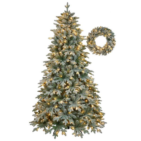 7ft Lighted Artificial Christmas Tree with Wreath Set of 2 , Christmas Tree Holiday Decoration, Creative Decorated Trees, Xmas Tree Christmas Decorations for Christmas