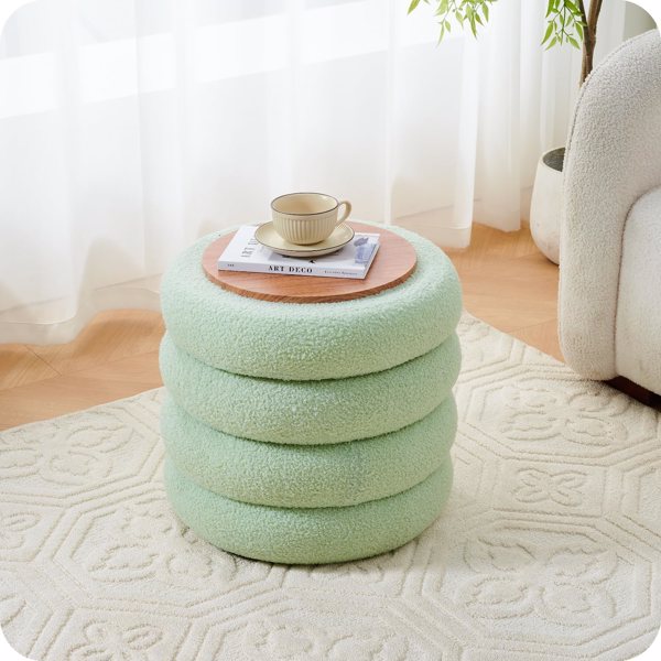 Round Storage Ottoman, Modern Sherpa Footstool, Teddy Vanity Stool with Flip-Top Tray, Makeup Chair for Home Decor, Upholstered Footrest for Living Room & Bedroom (Green)