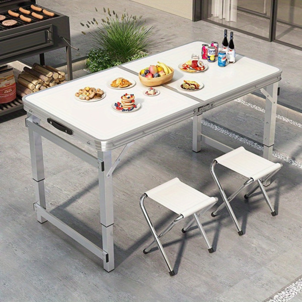 Multi functional aluminum folding table - adjustable, 48 inches, expandable handle. Suitable for indoor/outdoor use. Foldable, suitable for work and travel, with four chairs