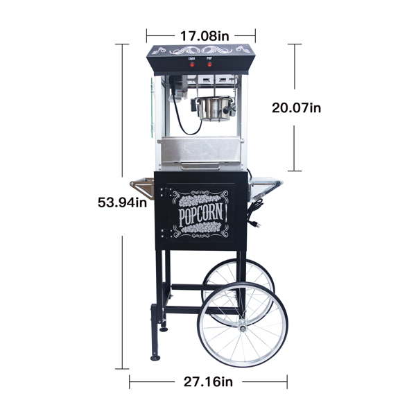 Popcorn Machine with Cart – 6oz Popper with Stainless-steel Kettle, Heated Warming Deck, and Old Maids Drawer,Black 