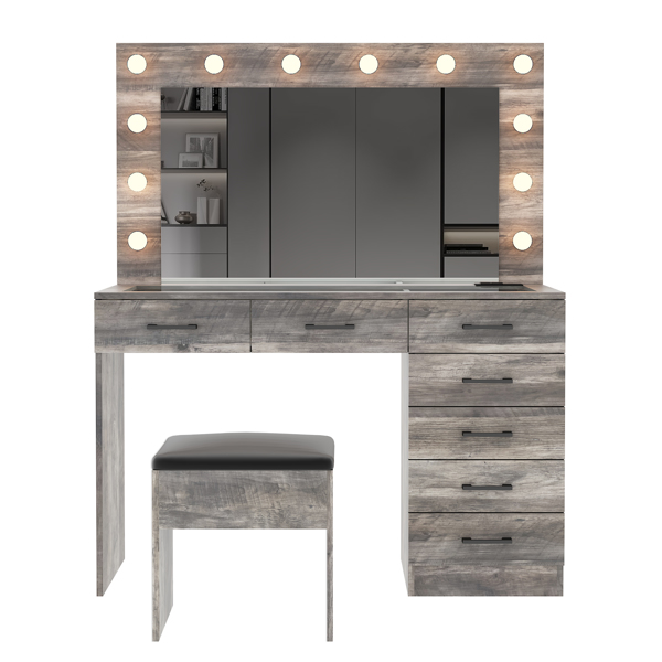 Vanity Desk Set with Large Lighted Mirror and Powre Outlet, Glass Top Makeup Vanity with 7 Drawers, Vanity Table with 12 LED Lights, 3 Lighting Color Adjustable, Grey