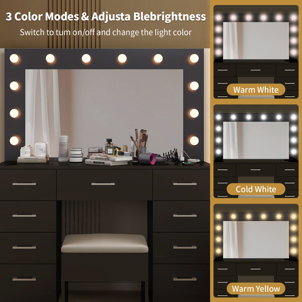 Vanity Desk Set with Large Lighted Mirror and Powre Outlet, Glass Top Makeup Vanity with 9 Drawers, Vanity Table with 12 LED Lights, 3 Lighting Color Adjustable, Black