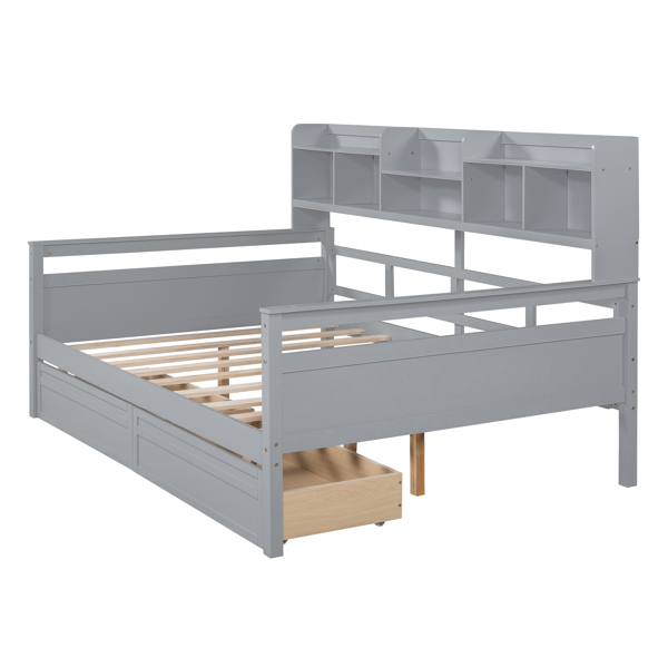 Full size Daybed, Wood Slat Support, with Bedside Shelf and Two Drawers, Gray