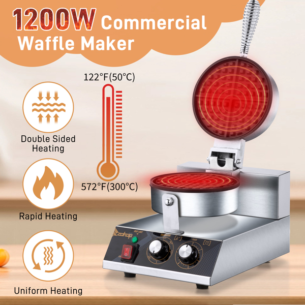 Single Head 1200W 110V Round Non-Stick Belgian Waffle Maker