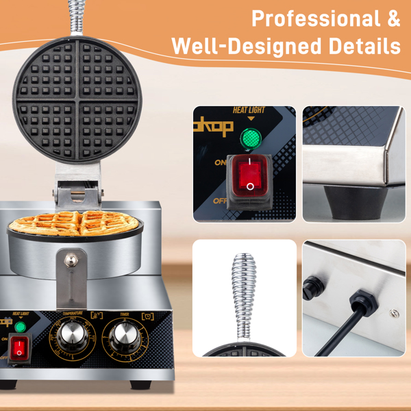 Single Head 1200W 110V Round Non-Stick Belgian Waffle Maker