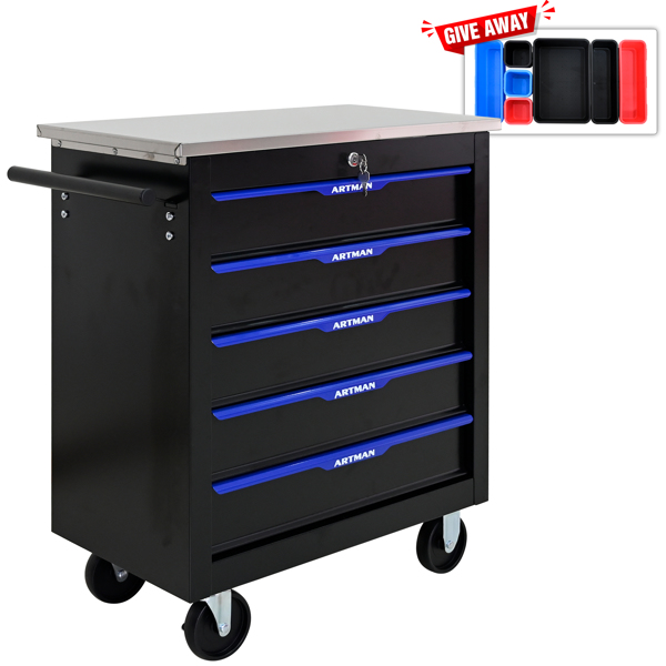 5 DRAWERS MULTIFUNCTIONAL TOOL CART WITH WHEELS-BLACK+BLUE