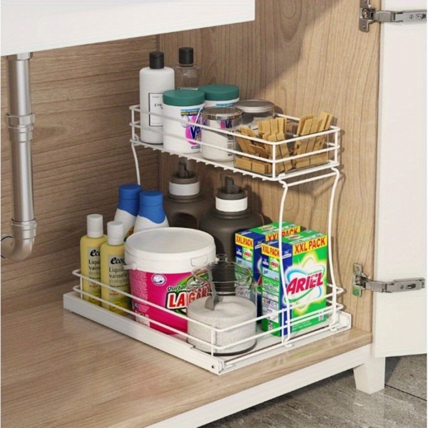 Two-layer sink organizer, pull out cabinet organizer Two-layer slide out of the sink cabinet organizer, kitchen bathroom cabinet sink organizer below,Medium, white