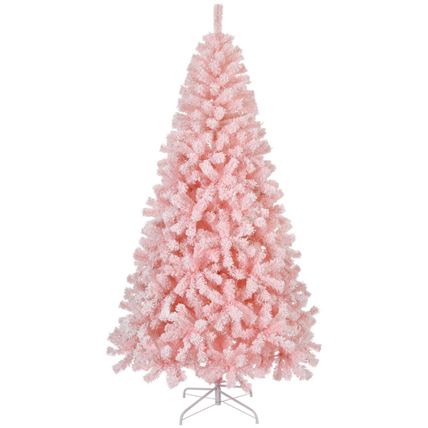 8 FT Snow Flocked Hinged Christmas Tree, Unlit Artificial Christmas Pine Tree with 1450 Branch Tips and Sturdy Metal Stand, Snowy Pink