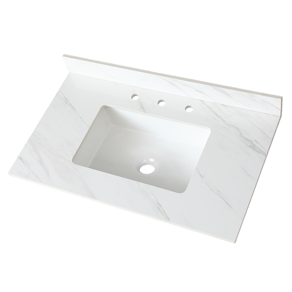 37 Inch Marble Vanity Top, White Vanity Top with Pre-drilled Faucet Holes, Bathroom Vanity Top with Undermount Rectangular Middle Sink and 4" Height Backsplash Three Holes