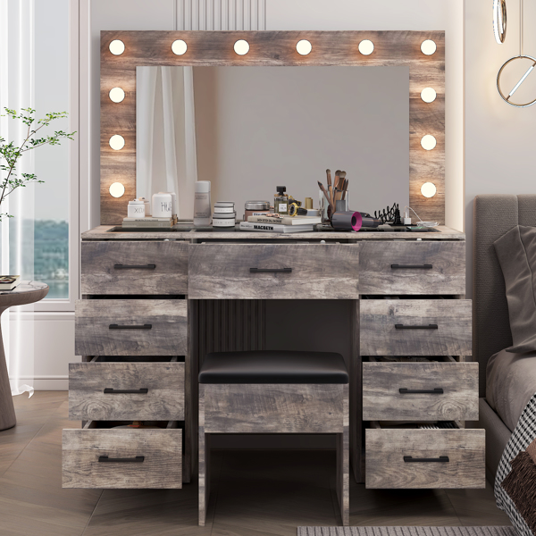 Vanity Desk Set with Large Lighted Mirror and Powre Outlet, Glass Top Makeup Vanity with 9 Drawers, Vanity Table with 12 LED Lights, 3 Lighting Color Adjustable, Grey