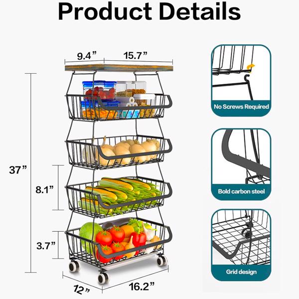 5-layer fruit basket, used for kitchen organizer and storage, stackable metal wire basket vertical cart, floor standing fruit rack basket with wheels