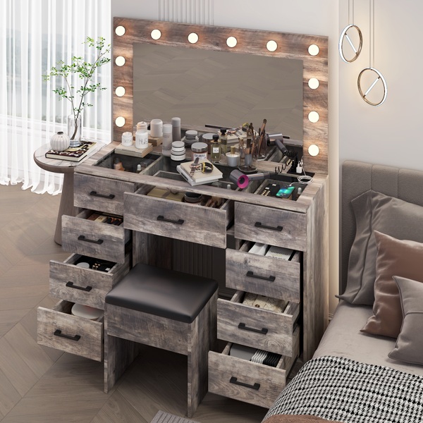 Vanity Desk Set with Large Lighted Mirror and Powre Outlet, Glass Top Makeup Vanity with 9 Drawers, Vanity Table with 12 LED Lights, 3 Lighting Color Adjustable, Grey