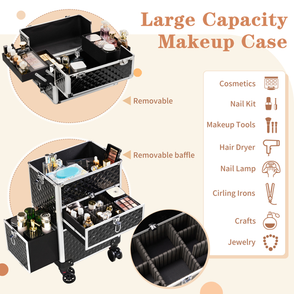  2-in-1 Front Drawer with Slide Rails, Flat Left Drawer, Detachable Universal Wheels, Aluminum, Diamond Pattern, Black, Cosmetic Case, 34*24*72.5cm