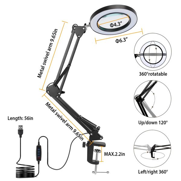 2-in-1 LED Magnifier Desk Lamp 8x Magnifying Glass with Light Swing Arm Desk Table Light USB Reading Lamp with Clamp Stand 10 Brightness 3 Modes