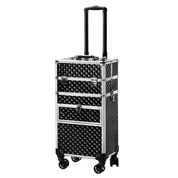  2-in-1 Front Drawer with Slide Rails, Flat Left Drawer, Detachable Universal Wheels, Aluminum, Diamond Pattern, Black, Cosmetic Case, 34*24*72.5cm