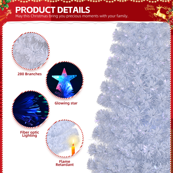 7 FT Pre-lit Christmas Tree, Artificial Fiber Optic Christmas Tree with Lighted Top Star and 280 Branch Tips, Holiday Xmas Decoration Tree for Home Office Store Party, White