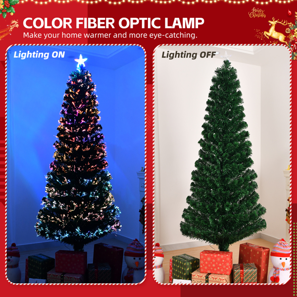 7 FT Pre-lit Christmas Tree, Artificial Fiber Optic Christmas Tree with Lighted Top Star and 280 Branch Tips, Holiday Xmas Decoration Tree for Home Office Store Party, Green