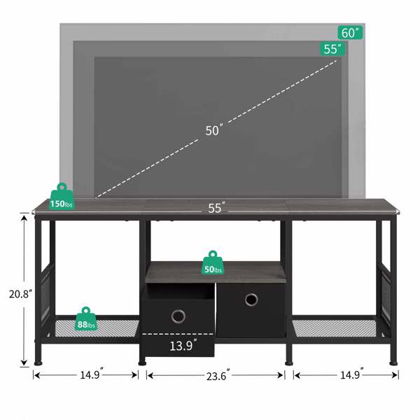 55 inch TV Stand for Living Room, Entertainment Center with Fabric Drawers Storage, Television Media Console Table with Soundbar Shelf for Living Room, Bedroom, Grey