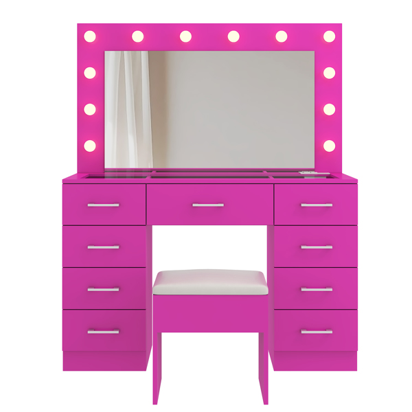 Vanity Desk Set with Large Lighted Mirror and Powre Outlet, Glass Top Makeup Vanity with 9 Drawers, Vanity Table with 12 LED Lights, 3 Lighting Color Adjustable, Pink