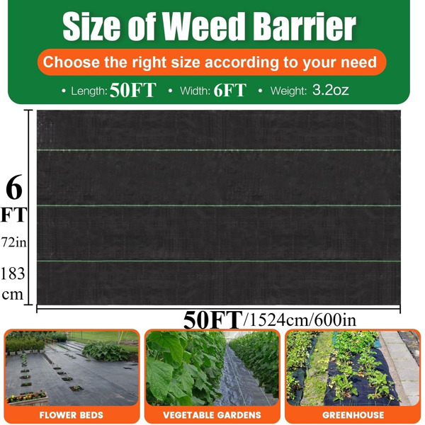 Weed Barrier Landscape Fabric Heavy Duty，Weed Block Gardening Ground Cover Mat, Weed Control Garden Cloth ，Woven Geotextile Fabric for Underlayment，Commercial Driveway Fabric-6FT*50FT(Stacking)