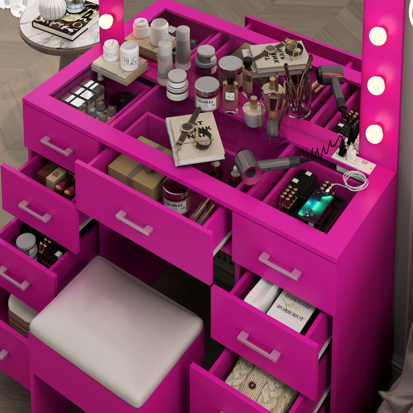 Vanity Desk Set with Large Lighted Mirror and Powre Outlet, Glass Top Makeup Vanity with 9 Drawers, Vanity Table with 12 LED Lights, 3 Lighting Color Adjustable, Pink