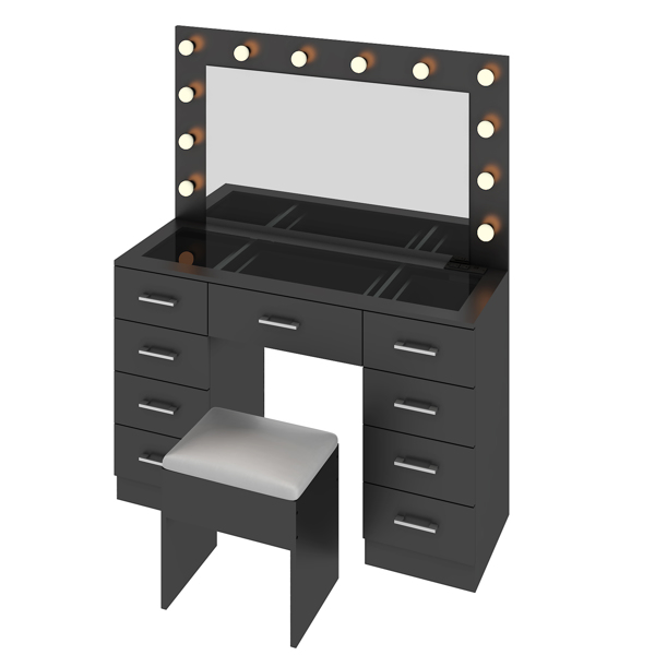 Vanity Desk Set with Large Lighted Mirror and Powre Outlet, Glass Top Makeup Vanity with 9 Drawers, Vanity Table with 12 LED Lights, 3 Lighting Color Adjustable, Black