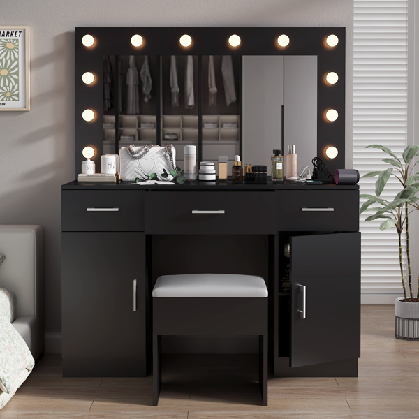 Vanity Desk Set with Large Lighted Mirror and Powre Outlet, Glass Top Makeup Vanity with 3 Drawers and 2 Cabinets, Vanity Table with 12 LED Lights, 3 Lighting Color Adjustable, Black