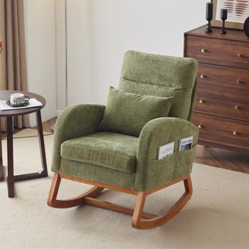 Olive Chenille Rocking Chair Nursery with Thick Headrest, Upholstered Mid-Century Modern Nursing Rocker Glider with Curved Armrest, Sturdy Solid Wood Base for Living Room, Bedroom, Baby Room