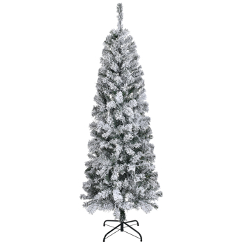 6 FT Snow Flocked Hinged Christmas Tree, Artificial Pencil Christmas Tree, Unlit Artificial Christmas Pine Tree with 320 Branch Tips and Sturdy Metal Stand, Snowy Green