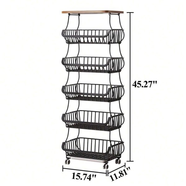 6 Tier Fruit Vegetable Basket For Kitchen With Wooden Tabletop, Storage Cart Vegetable Basket Bins For Onions And PotatoesWire Storage Basket Organizer Utility Cart With Wheels. Black