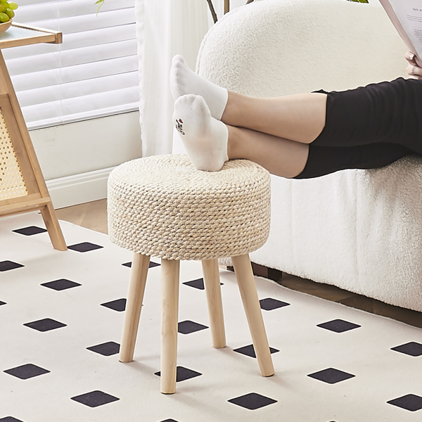 Round Ottoman Footstool Natural Seagrass Foot Stool Pouf Ottomans with Solid Wood Legs Hand Weave Hyacinth Footrest Step Stool for Living Room Balcony Garden Natural