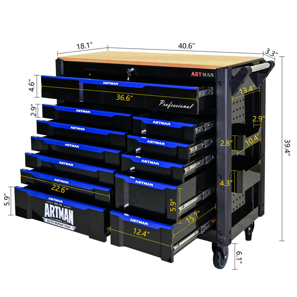 12-Layer Drawer Multi-purpose Tool Car, With Wheels, Wooden Countertops