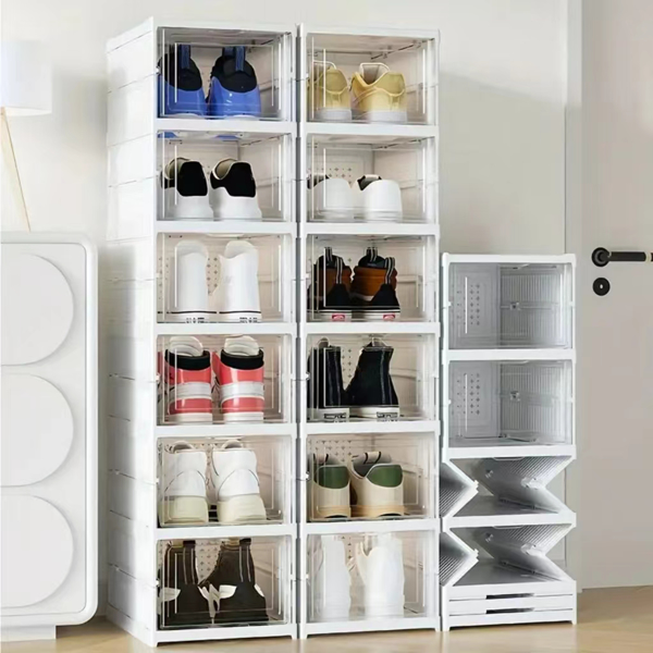 Stackable 3 Tier Freestanding Plastic Organizer - White, dustproof, space-saving and easy to assemble, perfect for organizing shoes at home, office and more!