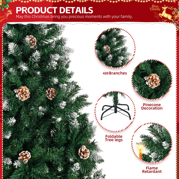 5 FT Artificial Snow Tipped Christmas Tree with Pine Cones, Unlit Christmas Pine Tree with 420 Branch Tips and Sturdy Metal Stand for Office Home Store Party Holiday Decor, Green & Snow Tipped