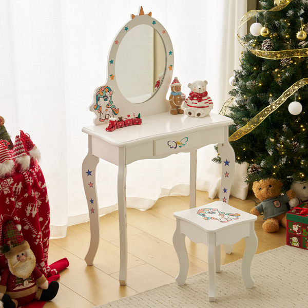 Kids Vanity Table and Chair Set, Girls Vanity with Mirror & Stool, Cute Unicorn Design, Pretend Play Makeup Dressing Princess Table for Toddlers, White