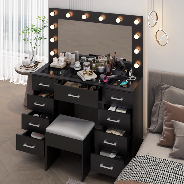 Vanity Desk Set with Large Lighted Mirror and Powre Outlet, Glass Top Makeup Vanity with 9 Drawers, Vanity Table with 12 LED Lights, 3 Lighting Color Adjustable, Black