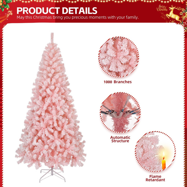 7 FT Snow Flocked Hinged Christmas Tree, Unlit Artificial Christmas Pine Tree with 1200 Branch Tips and Sturdy Metal Stand, Snowy Pink