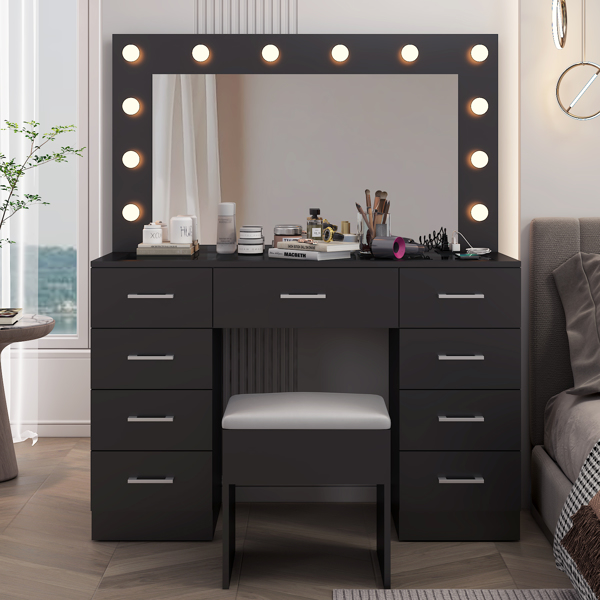 Vanity Desk Set with Large Lighted Mirror and Powre Outlet, Glass Top Makeup Vanity with 9 Drawers, Vanity Table with 12 LED Lights, 3 Lighting Color Adjustable, Black