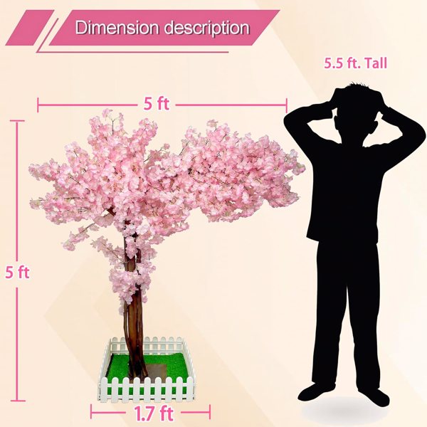 Artificial Cherry Blossom Tree, Fake Tree Artificial Pink Sakura Tree Wishing Tree Christmas Tree 5FT/1.5m for Party, Wedding, Office, Home Decor, Indoor & Outdoor Artificial Plants ﻿，Without LED ligh